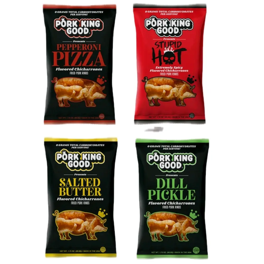 Pork King Good Peperoni Pizza, Stupid Hot, Salted Butter, Dill Pickle Flavored Chicharrones Snacks 4-pack