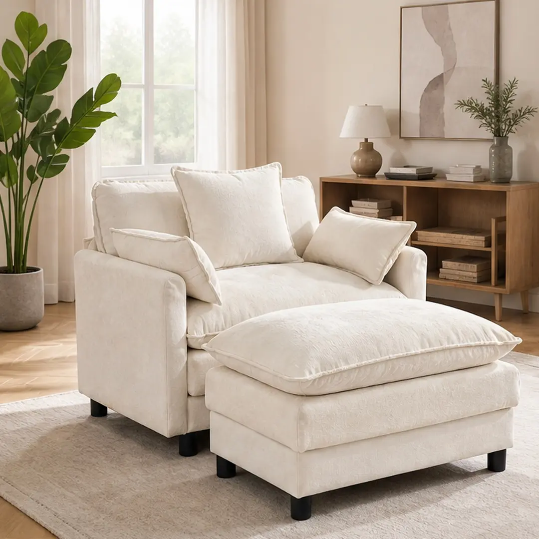 Modern Accent Chair with Ottoman, Oversized Chenille Upholstered Armchair, Living Room Club Chair with Pillow Top Arms, Soft Foam Filled Reading Chair for Bedroom, Beige Fabric, 39.4Wx54.7Dx32.7H, 350lb Capacity, Beige Color Options
