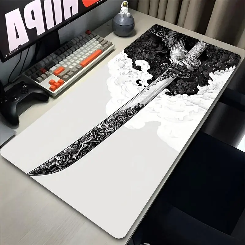 Samurai Black And White Anime Mousepad Gamer Keyboard Large Mouse Pad Gaming Accessories Desk Mat Sword Non-slip Laptop Carpet
