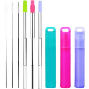 -Metal  Straws, 3 Pack Collapsible Portable Stainless Steel Straws, with Plastic Housing  Tips and Cleaning Brush, Retractable Portable Pocket Drinking Straws