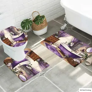 1/3Pcs Vintage Bathroom with Bathtub Plants and Purple Decor Bathroom Mat Set, Flannel Non Slip Bath Rug, Toilet U-Shape Mat, Toilet Lid Cover, Thickened Soft Absorb Water, Microfiber Surface Memory Foam Cushion