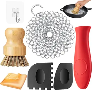 Patelai Cast Iron Cleaner Set – 7PCS Skillet Cleaning Kit with Chainmail Scrubber, Bamboo Brush, Scrapers, Towel & Handle Holder