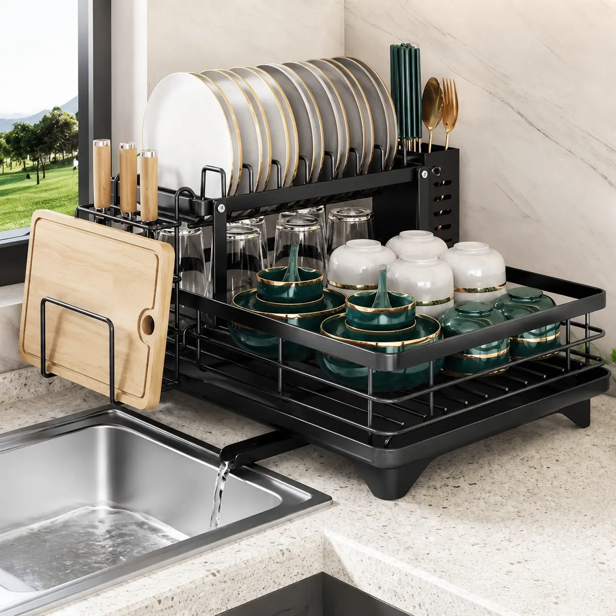 Black 2-Tier Dish Drying Rack with Drainboard, Cup Holder, Plate Rack, Utensil Holder & Cutting Board Storage, Space-Saving Kitchen Counter Organizer for Modern Homes slot sink