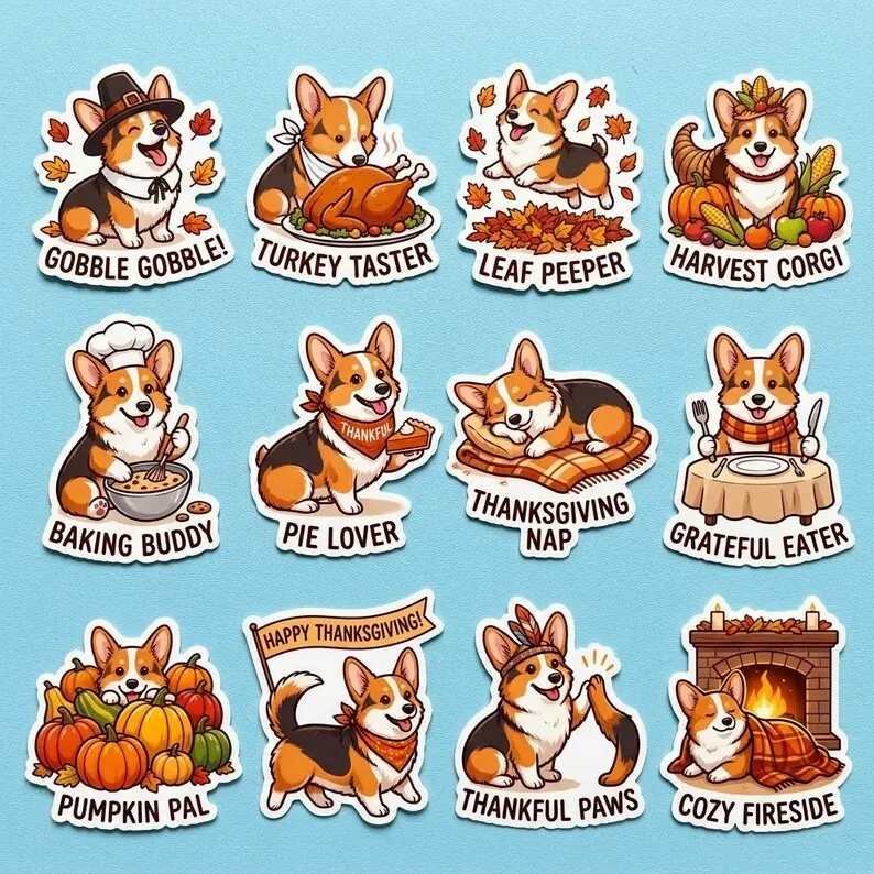 Thanksgiving Corgi Sticker Sheet, Cute Corgi Fall Planner Stickers, Autumn Turkey Dog Decals, Corgi Mom Gift