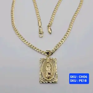 Virgin Mary pendant chain cuban link style diamont-cut 18 Inches 4 Millimeters smal adult and teens Laminated Gold Jewelry