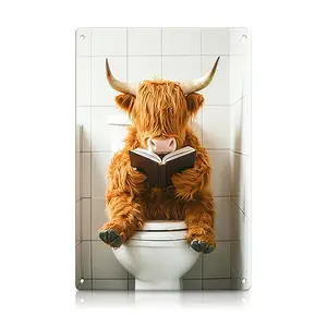 1pc 8*12in / 20*30cm Funny Bathroom Decor Tin Sign – Highland Cow on Toilet Wall Art – Humorous Metal Poster for Bathroom, Toilet, Restroom & Funny Gift Ideas