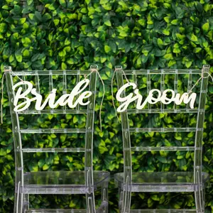 Set of 2 Natural Wood Bride and Groom Chair Signs 12"x5" - Rustic Calligraphy Hanging Wedding Decor & Photo Booth Props