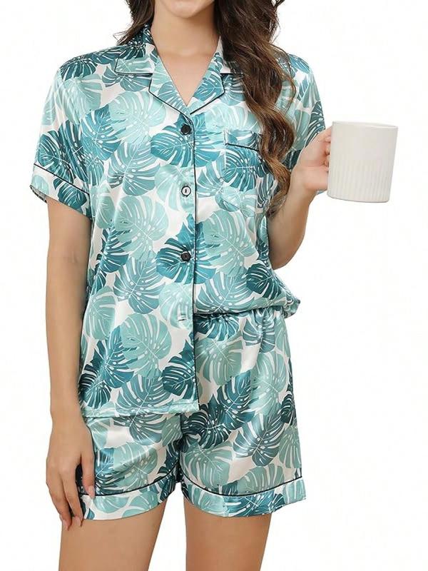 GAESHOW Silk Women Short Sleeve Button Down Sleepwear Loungewear 2 Piece Satin Pj SetsHalloween Christmas New Year - Light Green Leaf