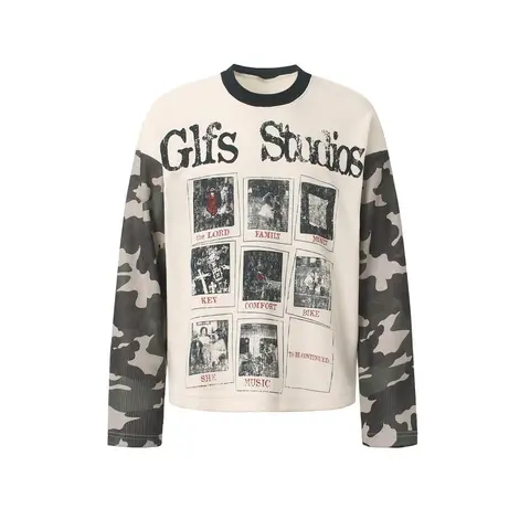 Inflation Waffle Knit Oversized Long Sleeve Gls Studios Photo Collage Gothic Letter Print Camo Sleeve Vintage Streetwear Thermal Top 2026 Fall