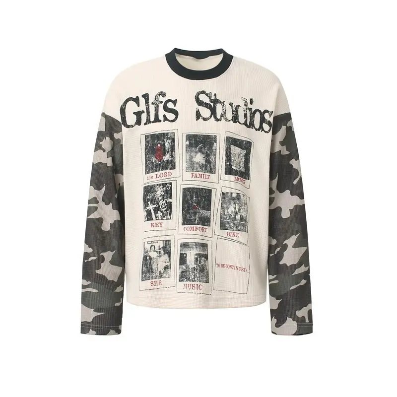 Inflation Waffle Knit Oversized Long Sleeve Gls Studios Photo Collage Gothic Letter Print Camo Sleeve Vintage Streetwear Thermal Top 2026 Fall