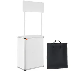 VEVOR Promotion Counter Table, Portable Tradeshow Podium Table, 30.91x 14.96x 71.46, Display Exhibition Counter Stand Booth Fair with Wall, Pop Up Podium with Storage Rack/Carrying Bag