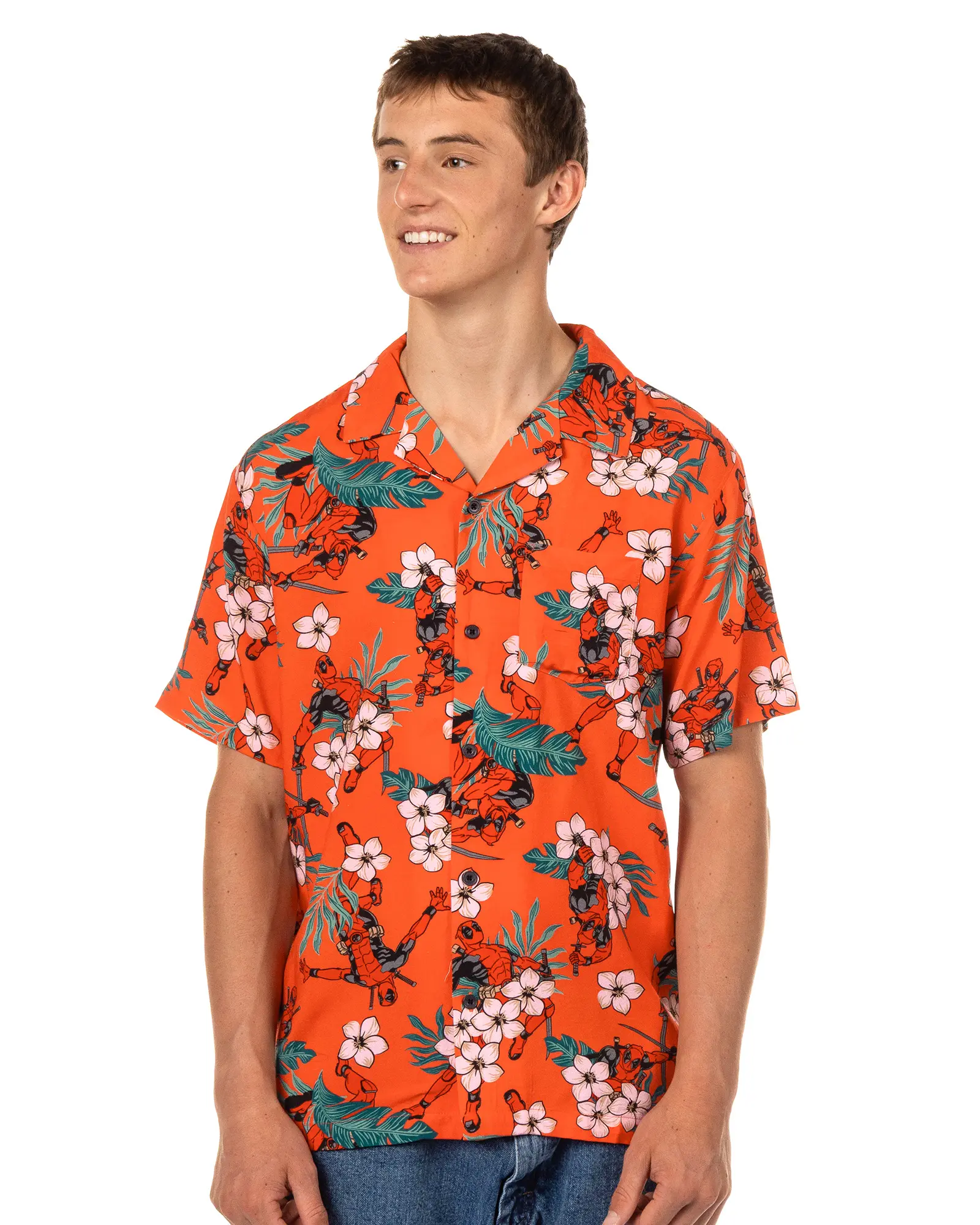 Marvel Comics Deadpool Hawaiian Shirt Men's Tropical Flowers Button Up Woven Top
