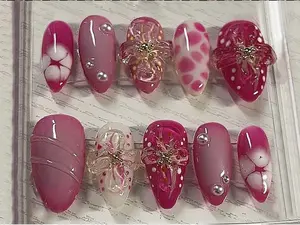 Fairy Tale Flowers Press On Nails, Freestyle Pink Garden Almond Nails, Dreamy Floral Nail Art, Elegant Fake Nails by BaddieBabaNails_.