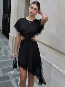 Asymmetric Lace Dress Womens Dresses Sexy Black Brown Dresses Elegant Satin O-Neck Cape Sleeve Cut-Out Dress Streetwear & Fashion Casual Wear Womenswear Vestidos Round Neck