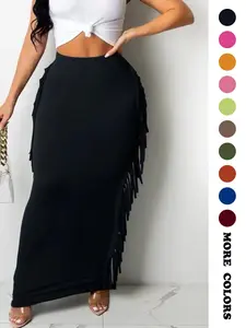 Women's Fringe Trim High Waist Fitted Knitted Pencil Maxi Skirt, Elegant Chic Solid Color Skirt for Party Evening Formal Occasions, Ladies Bottom