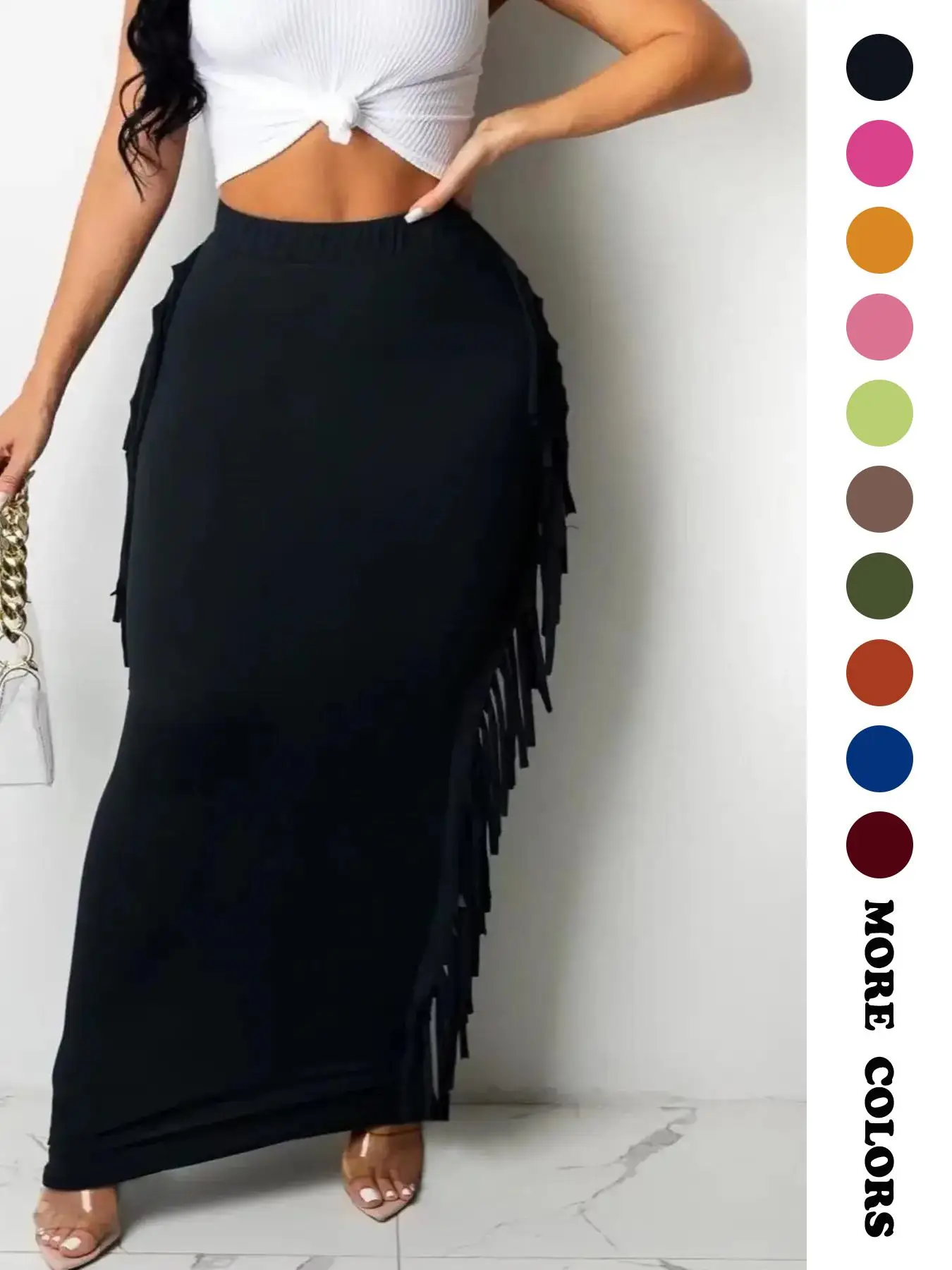 Women's Fringe Trim High Waist Pencil Skirt, Elegant Solid Color Skirt for Party Evening Formal Occasions, Ladies Bottom