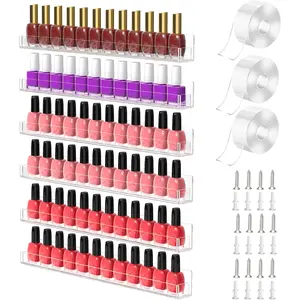 PMMASTO Adhesive Nail Polish Organizer Holder 15 Inch Clear Acrylic Wall Rack Shelf for 60-90 Bottles Display Rack For Nail Room Decor Organizer (6 Pack)