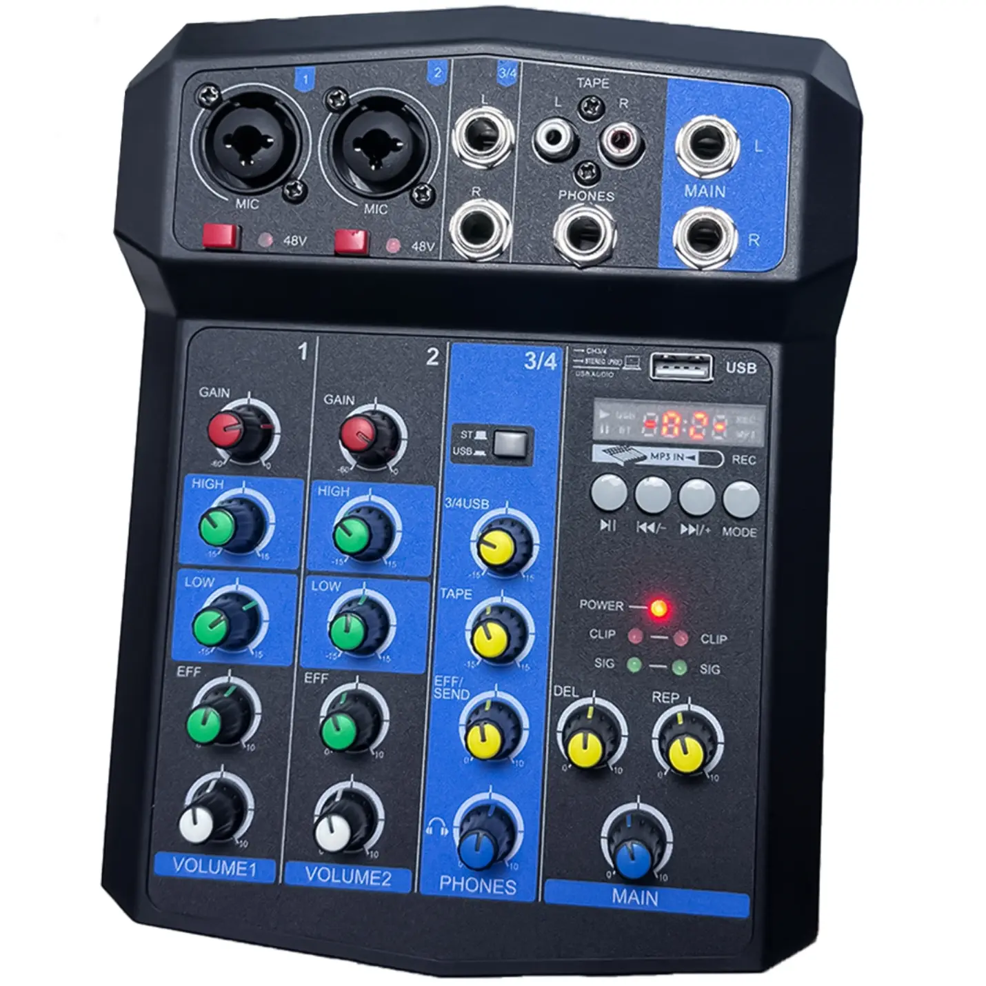 4-Channel Portable Audio Mixer, Bluetooth 5.0 USB Sound Mixing Console with 48V Phantom Power for Karaoke,
