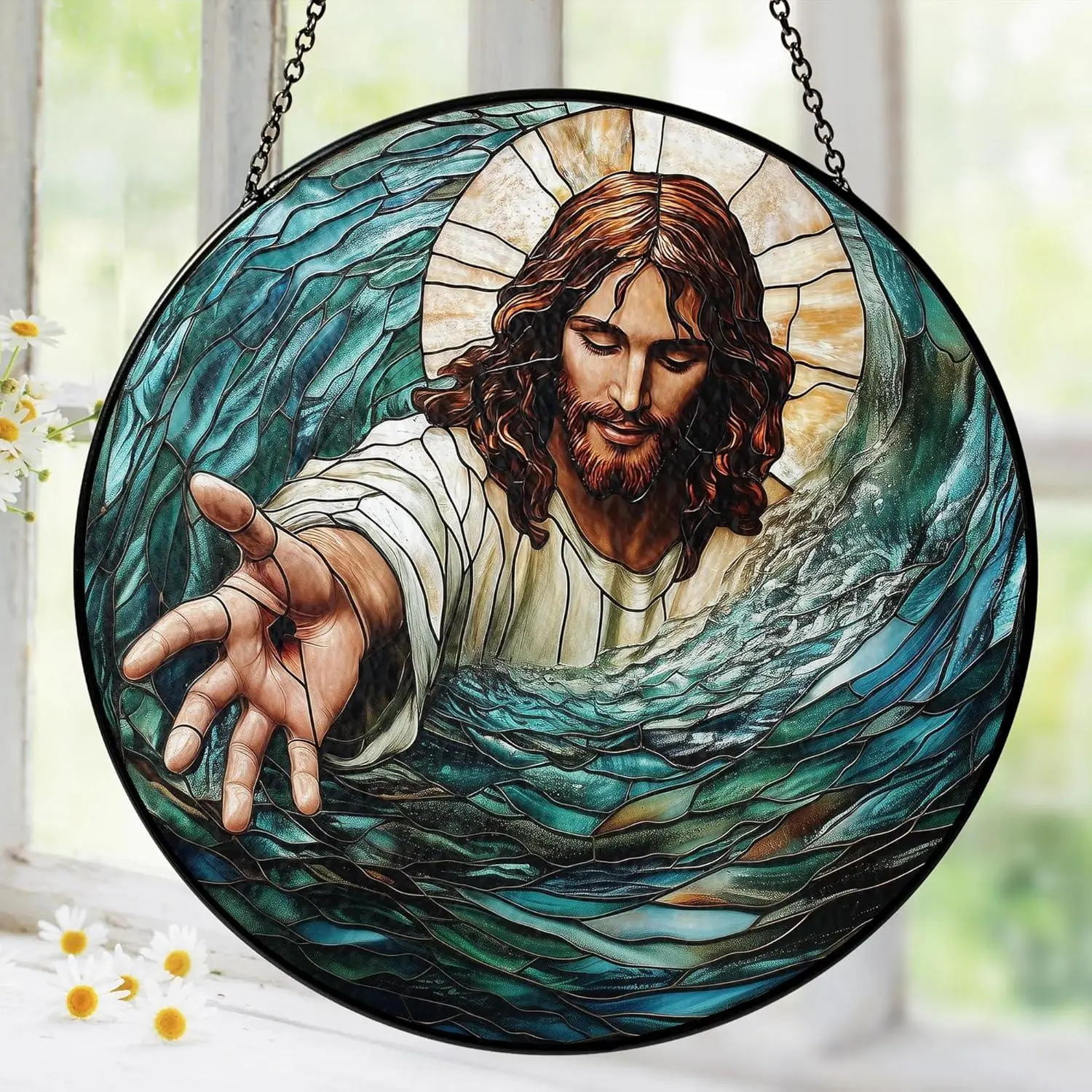 [Made in US] Christian Gifts for Women Faith Window Hanging Suncatcher Stained Glass, The Hand Of God Jesus Reaching Into Water Faith Home Decorations Jesus Gifts for Women of God Christmas Religious Catholic Gift