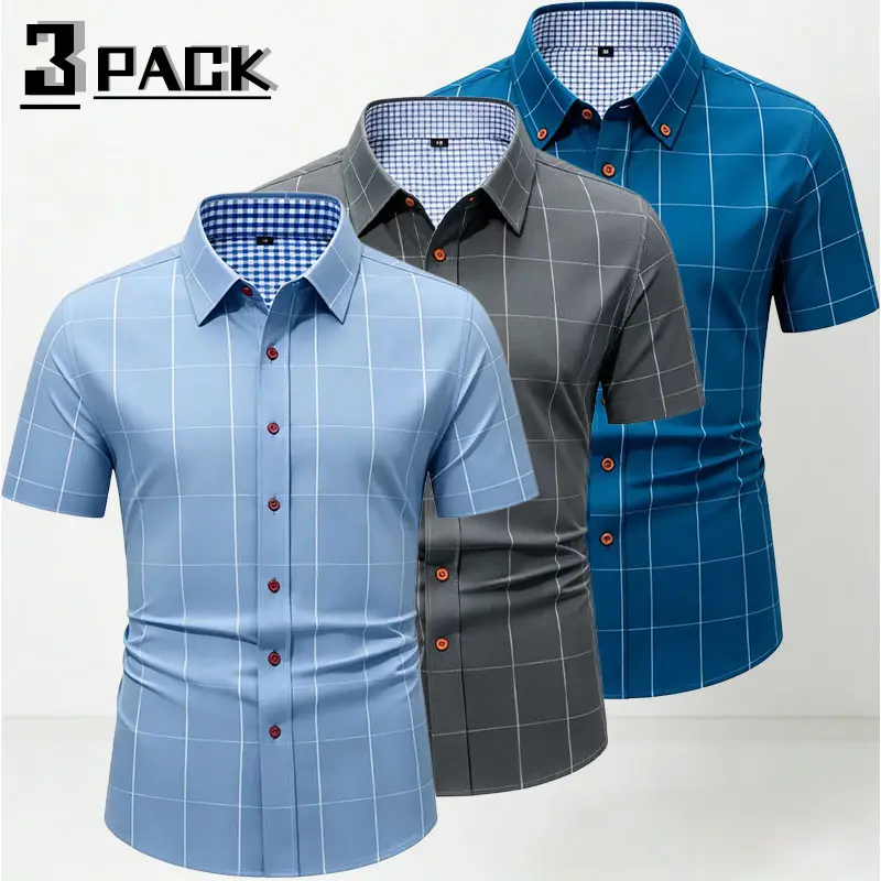 Three-pack plaid short-sleeve shirts with a turn-down collar, minimalist business commuter style, regular large check pattern paired with wooden-textured buttons, hidden plaid details within the collar, smooth, draping fabric that lies flat and resists wr