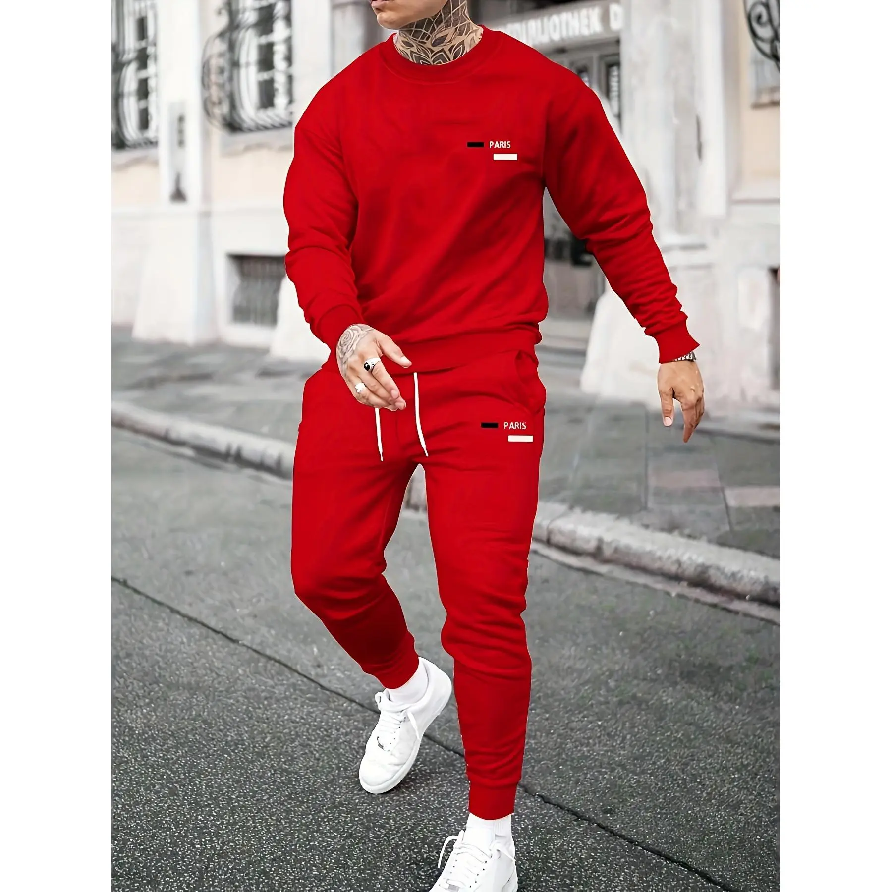 Men's 2-Piece Athleisure Set - Round-Neck Long-Sleeve Top & Drawstring Sweatpants, Comfortable Autumn Running Sportswear, Knitting, Two-Piece Suit