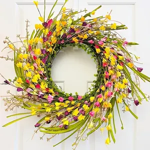 TOPFISH 24-in Decorative Rattan Artificial Floral Wreath, Non-Withering Spring Wreath for Front Door, Red Orange Purple Farmhouse Porch Decor for Indoor-Outdoor Home Use