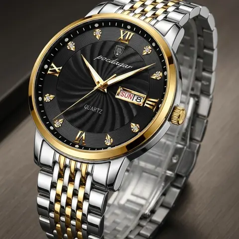 Men's Business Fashion Round Dial Stainless Steel Strap Quartz Luminous Analog Watch, Analog Wristwatches, Classic Black Dial Calendar Function for Party, Daily Decor, Birthday Gift