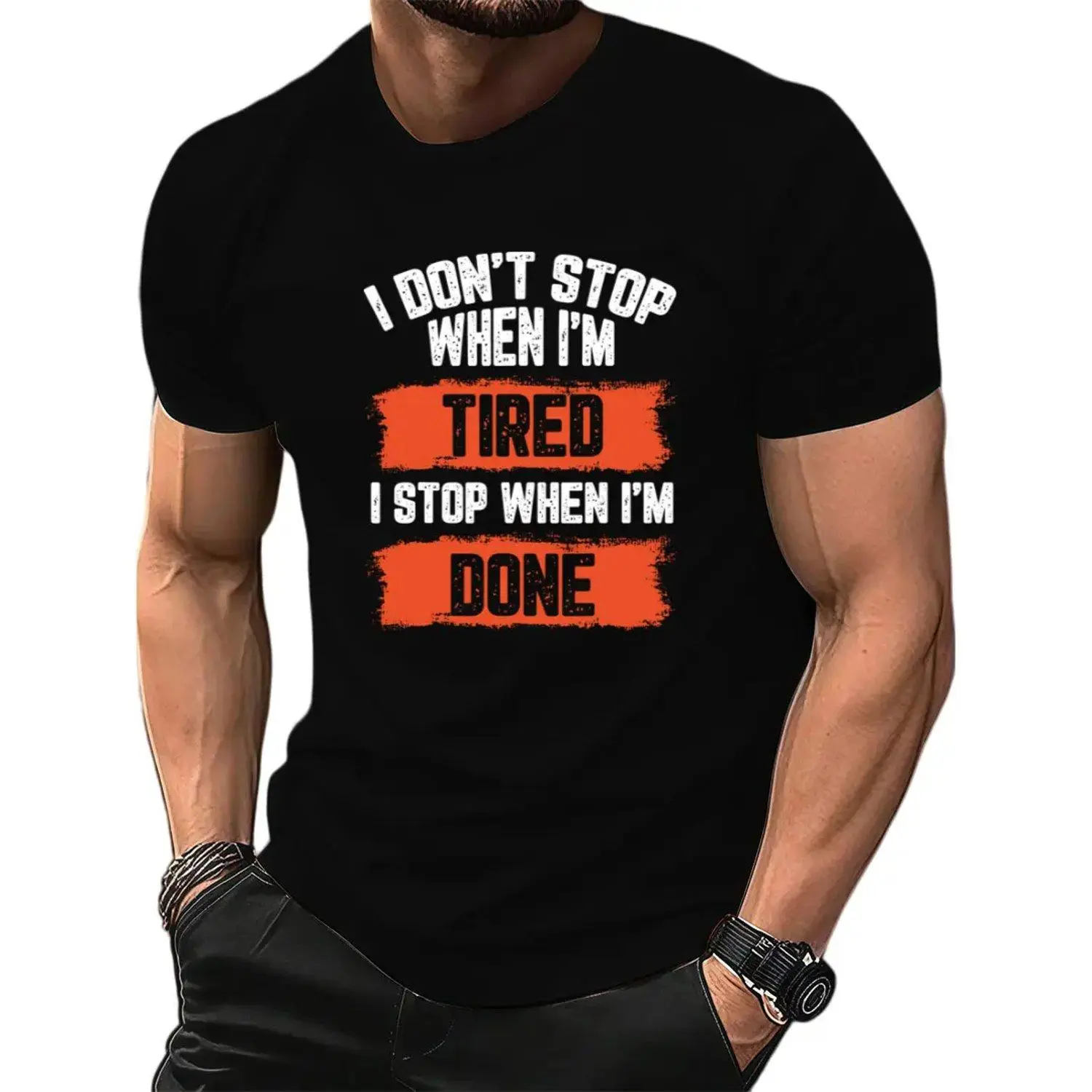 Plus Size, Men's Vintage Fitness Training T-shirt "I'm Not Stopping Because I'm Tired, but Because I've Achieved My Goal"-- Motivational Sports T-shirt, Athletic Fit, Breathable Training Shirt, Suitable for Running, Fitness, and Everyday Street Wear