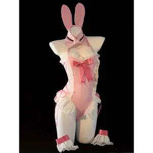 Bunny Strappy Bodysuit with Bow 4pcs Set: Rabbit Ear Headband + Bodysuit + Bracelet*2, Sexy V-Neck Lace Bunny Costume Women's Slim-Fit One-Piece Lingerie Set in Pink