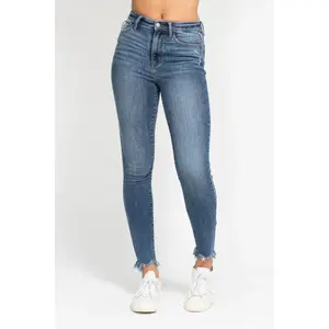 Skinny Jean Shark Bite Destroyed Bottom Judy Blue Jeans Womenswear High Waist Style Denim Pants