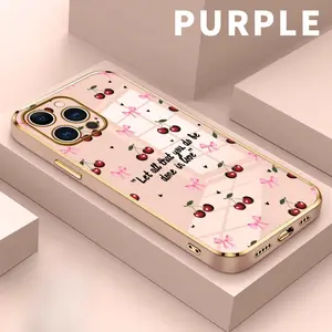 Electroplated Golden Edge TPU Phone Case for iPhone 17 15 Plus 16 Pro Max 14 13 12 11  Cherry Love Dream Pattern Drop Protection Shockproof Soft Silicone Smartphone Cover