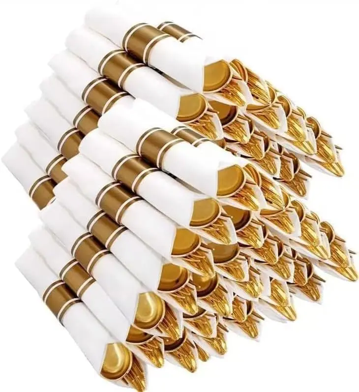 400PCS Pre Rolled Gold Plastic Silverware Sets, Wrapped Utensils, Disposable Cutlery ,Includes Napkins,Party, Event Supplies