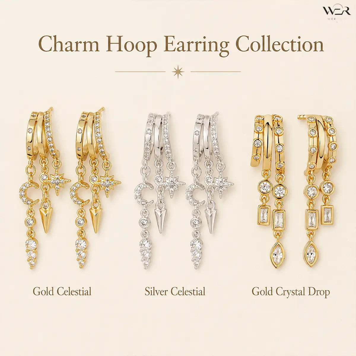 Mystical Celestial Hoop Earrings for Women, Bedazzling Moon & Star Dangle Charms with Cubic Zirconia, Lightweight Gold or Silver Tone Feminine Jewelry, Mystical, Feminine Vibe, Bedazzling Style