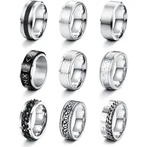 MILACOLATO 9 Pcs Stainless Steel Silver Black Men's Rings Matte Finish Polished Band Rings Chain with Engagement Promise and Daily Use Fidget Ring
