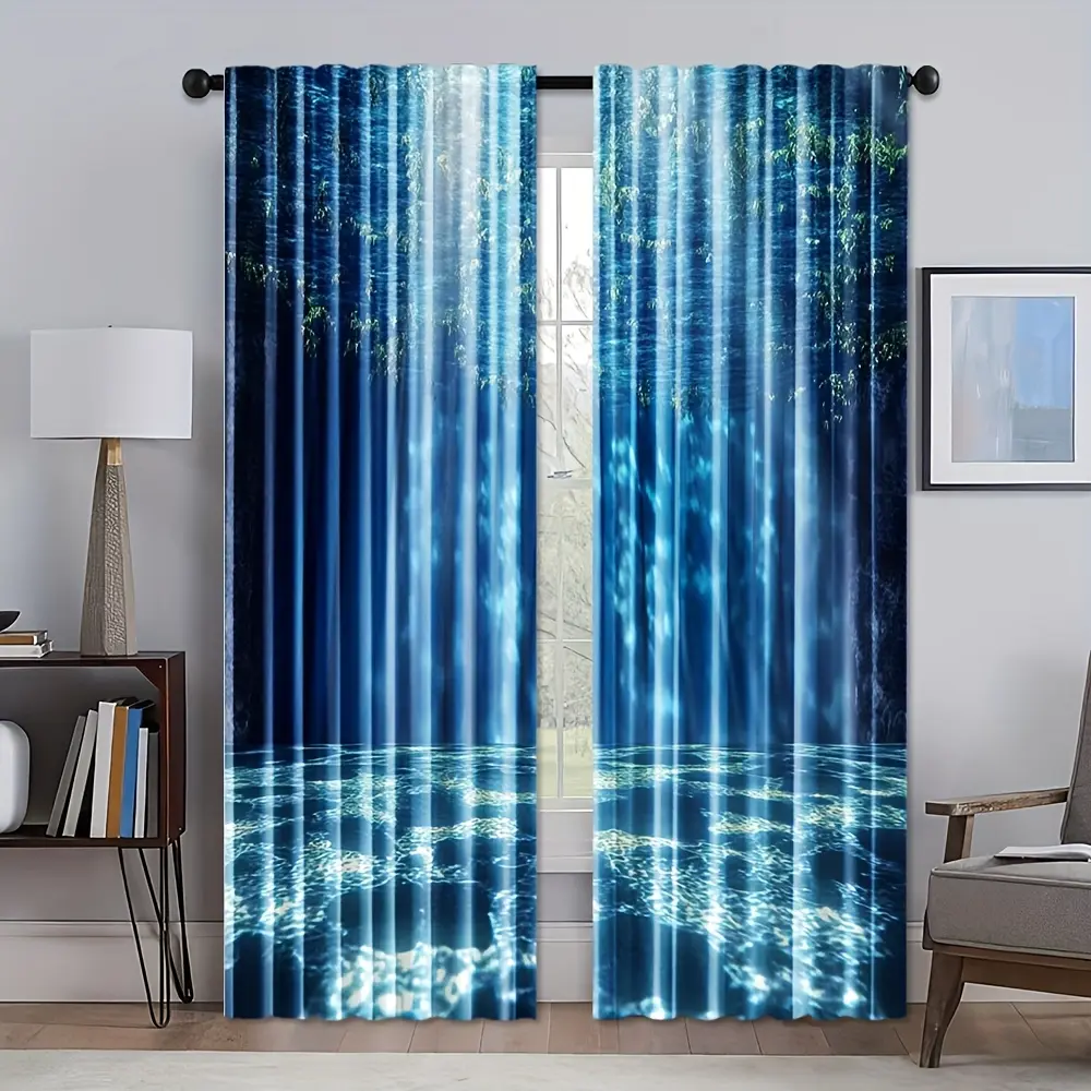 2pcs Semi-Sheer Water Wave Light Filter Curtains, Polyester Fiber with Rod Pocket, Blue Modern Look, Machine Washable All-Seasons Curtains for Bedroom Home Decoration