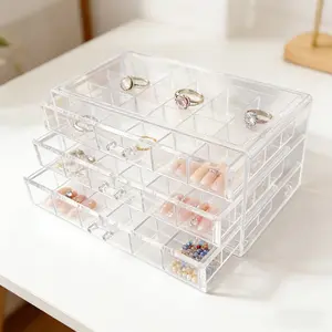 Acrylic Transparent Earrings Jewelry Organizer with 3 Drawers 72 grids, Stackable Necklace Rings Display Storage Case Box Holder, Clear