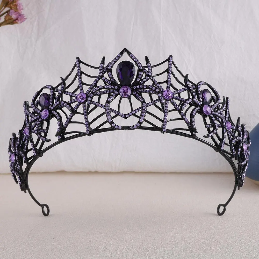 Vintage Purple Black Spider Crystal Crowns for Women Girl Tiaras Headband Halloween Carnival Party Hair Dress Jewelry