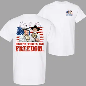 Biscuits, Freedom & Fireworks Patriotic Cowboy Shirt, Funny 4th of July Western Tee, American Flag Cowboy Graphic T-Shirt, Vintage Independence Day Shirt, USA Country Western Apparel