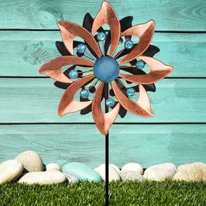 Metal Wind Spinners Outdoor, 14 Inch Dia Kinetic Wind Sculptures & Spinners with Stake, 57.4" H Windmill Yard Art Decor for Patio Lawn Garden, Copper Blue