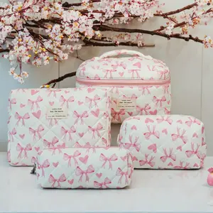 Cute Bow Heart Makeup Bags Set, 4 Pcs Multifunctional Cosmetic Storage, Zipper Skincare Organizer, Travel Toiletry Bag for Women, Makeup Pouch