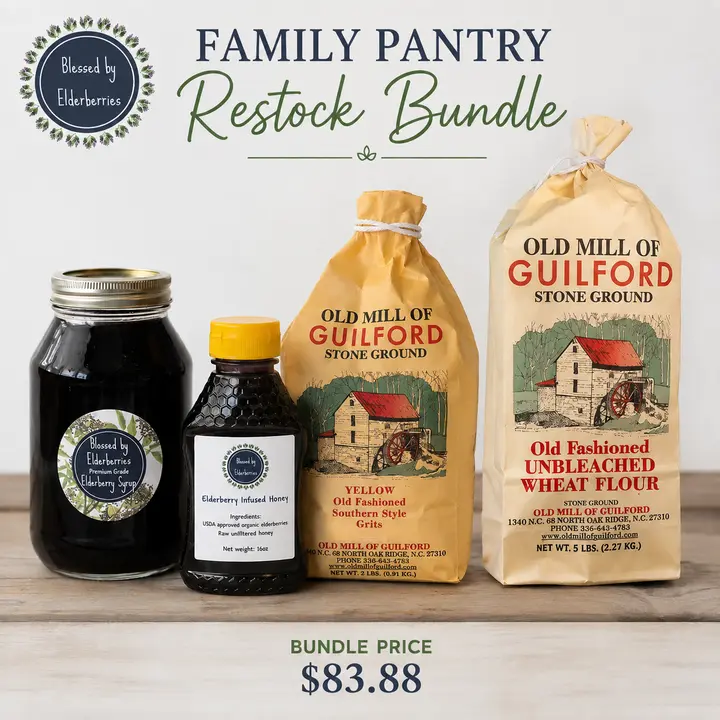 Family Restock Back to School Bundle - 32oz Elderberry Syrup, 16oz Elderberry honey, 2lb Yellow Grits, 5lb Pure Unbleached Wheat Flour