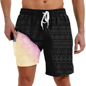 Men Swim Trunks with Compression Liner Men's 2 in 1 Bathing Suits 7 Inch Hawaiian Board Shorts Black Swimming