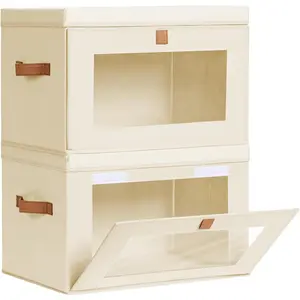 Large Closet Storage  - Collapsible Storage Bins with Handles & Window, Decorative Storage Boxes with Lids, Fabric Storage Containers for Living Room, Dorm, 2 Pack, Beige door organizer