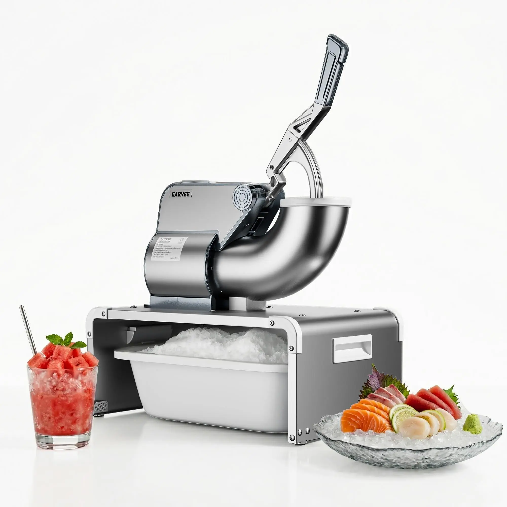 Commercial Ice Shaver 750LBS/H, 350W Electric Ice Crusher with 4 Stainless Steel Blades, 2000RPM, 2.64Gal Hopper & Replaceable Container Shaved Snow Cone Machine for Dessert Shops, Bars, Silver