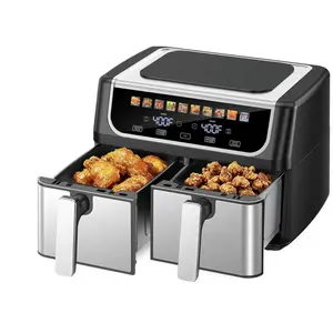 9.5 Quart Air Fryer with Double Baskets, Independent Temperature Control, Sync Cooking & Shake Reminder, 10 Preset Functions for Easy Meal Prep, Grey or Black