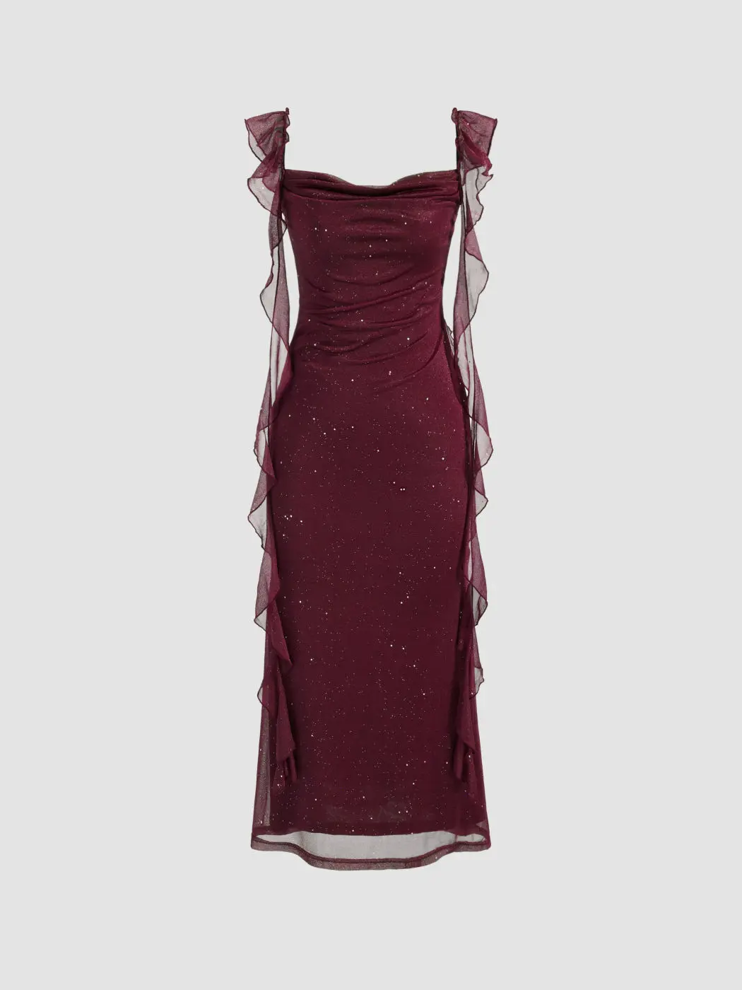 Cowl Neck Solid Glitter Ruffle Hem Maxi Dress