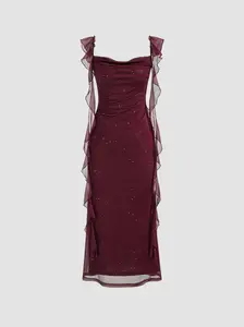 Cowl Neck Solid Glitter Ruffle Hem Maxi Dress