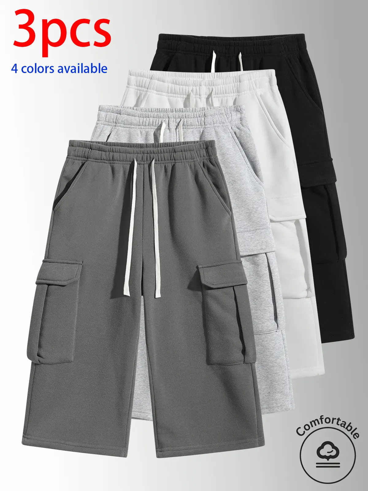 3-pack men’s shorts, men’s bermuda shorts, men’s casual cargo bermuda shorts.Elastic waistband with drawstring that won’t dig into your waist; cargo pockets and a split design flatter the leg shape; loose fit that looks slimming and versatile, suitable fo