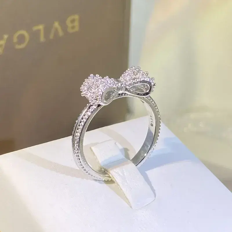 Fancy Bow Ring with Dazzling CZ Sterling Silver Color Women Finger Ring 925 Stamp Wedding Bands Statement Accessories Jewelry