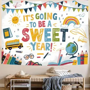 1PC,2D Flat Backdrop Back to School Decorative Backdrop, Cartoon School Supplies Pattern Tapestry, Classroom/Children's Room Wall Decoration, Festival Party Photo Background, Sweet School Year Theme